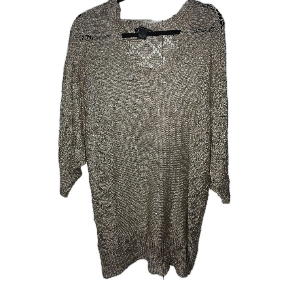 Lauren Michelle Gold Metallic Crochet Sweater 2X GUC Boho Chic Shimmer‎